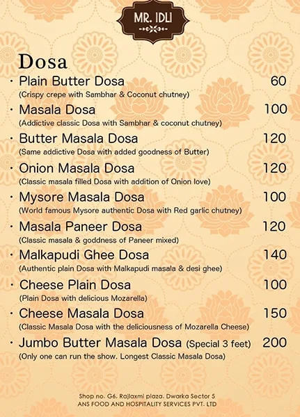 Mr Idli menu 