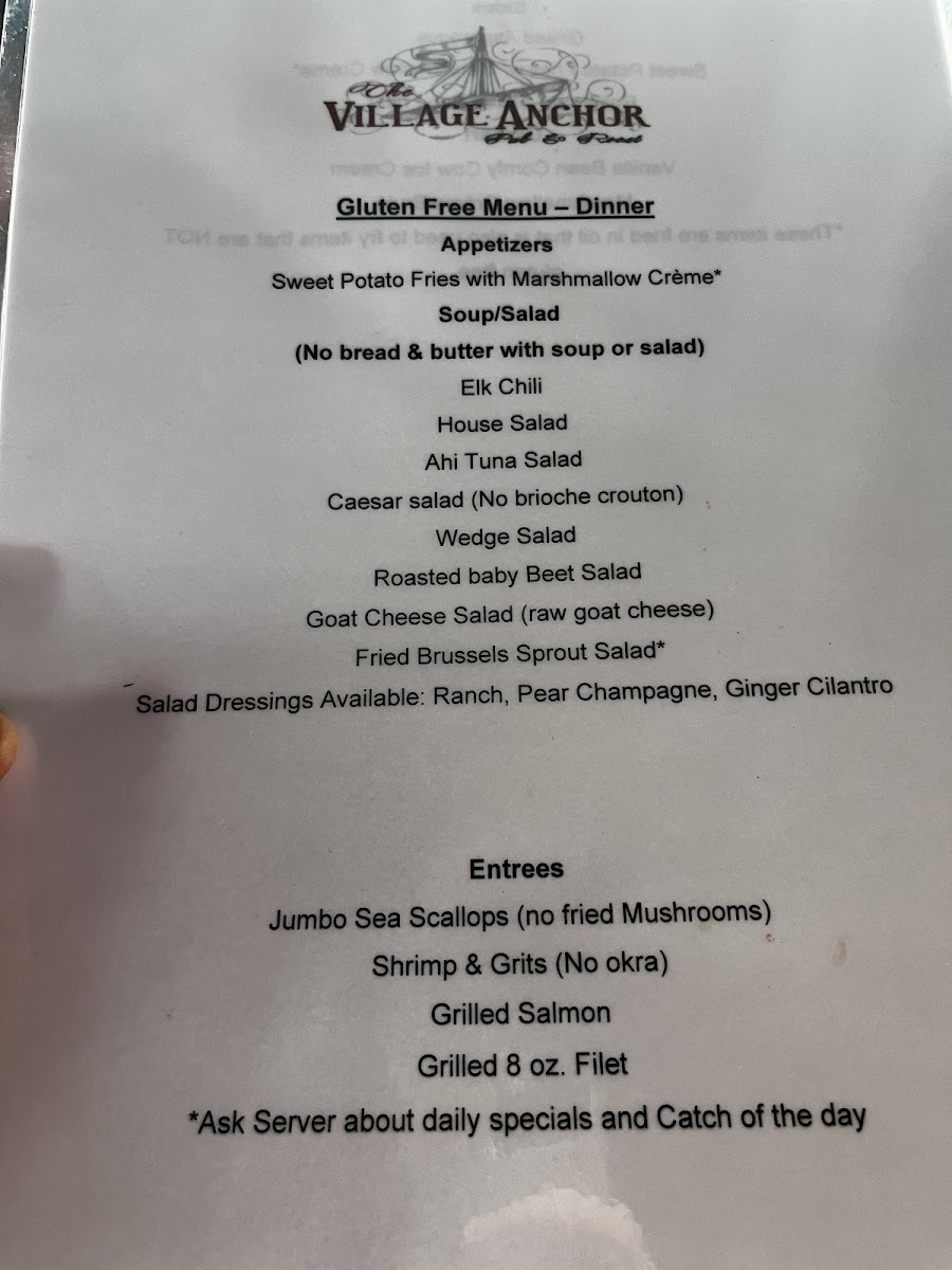 The Village Anchor gluten-free menu