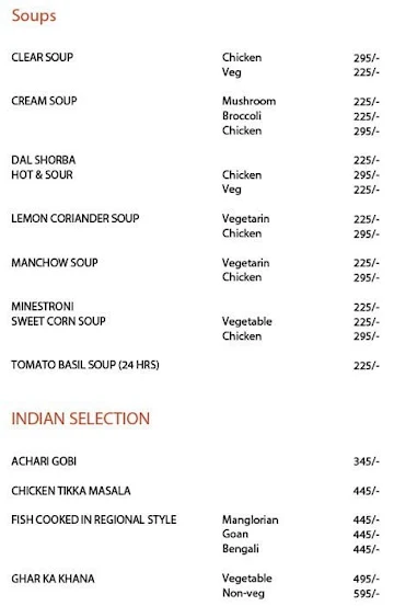 Fusion, The Residence Hotel menu 