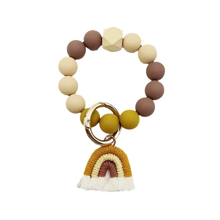 Pulseira/Chaveiro com contas redondas de borracha, pintura colorida estilo doce, arco-íris, tassel, tecida à mão