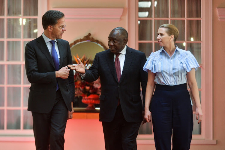 The Prime Minister of the Netherlands, Mark Rutte, President Cyril Ramaphosa and the Prime Minister of Denmark, Mette Frederiksen, arrive for the opening remarks for their official talks about green hydrogen, renewable energy and just energy transition at the Sefako Makgatho presidential guesthouse in Pretoria.