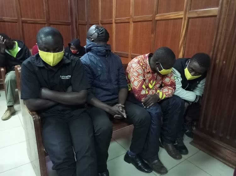 Part of the 16 bodaboda riders who were presented before Milimani law Courts on Wednesday charged with sexually a assaulting a lady driver on Wangari Maathai Road, March 9, 2022.