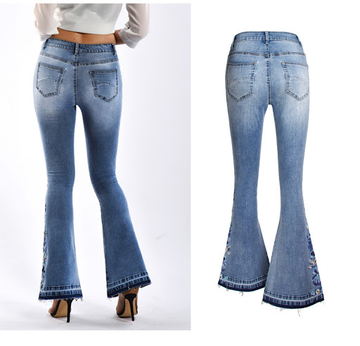 Title 7, Denim Embroidered Womens Trousers, Wide-Leg Wa...