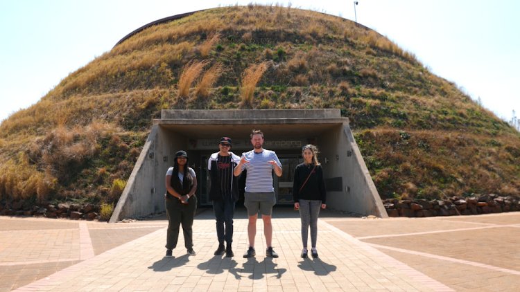 Bibi Mbangula (left), Jude van Wyk, Nick Hamman and Nadia Romanos outside the Maropeng Visitor Centre in the Cradle of Humankind.