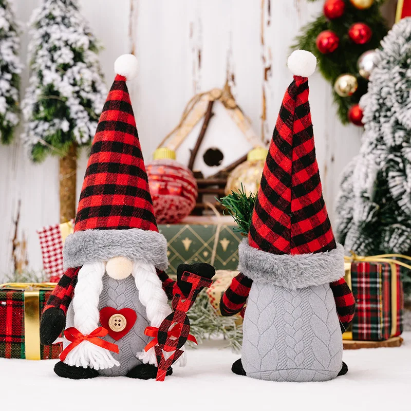 Weihnachts-Puppen-Ornamente rot-schwarz karierte Buchstaben alter Mann, perfekte Dekoration für eine festliche Atmosphäre, handgefertigt.