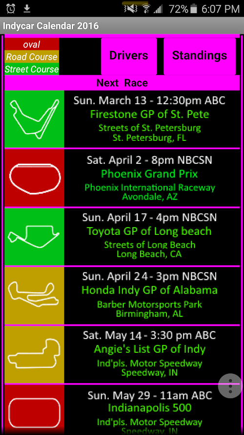 Android application Indycar Calendar 2016 screenshort