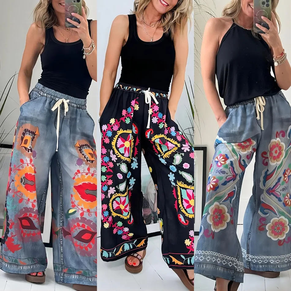 Dames baggy broek met veters, denim print en zakken. Comfortabele broek voor een casual en trendy look. Perfect voor dagelijks gebruik.