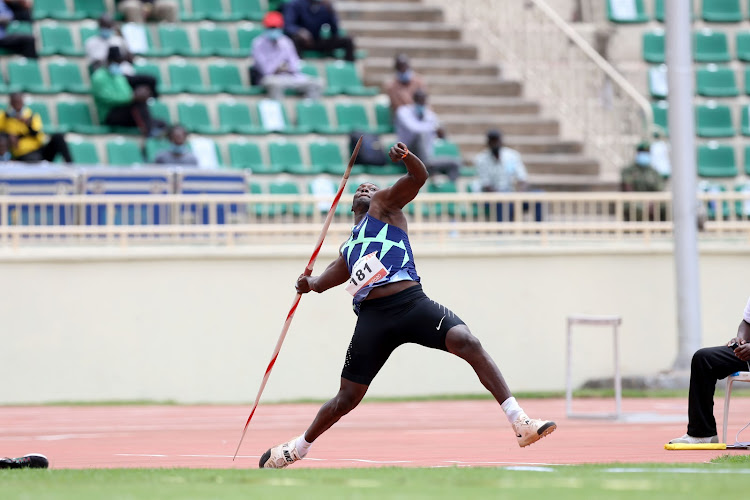 Kip Keino Classic javelin winner Alex Kiprotich at the Nyayo Stadium on October 3, 2020.