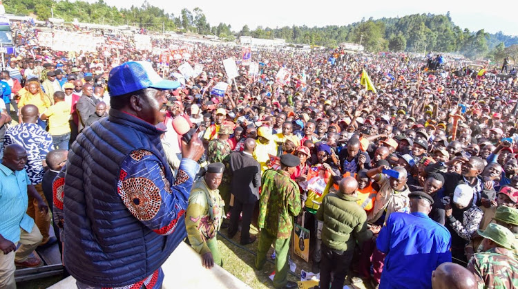 Azimio presidential candidate Raila Odinga addressing the people of Meru on July 26,202.