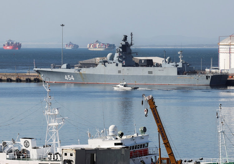 Russian frigate Admiral Gorshkov docks in Cape Town on February 13 2023 enroute to Durban where it is scheduled to do naval exercises with the South African and Chinese navies. February 13, 2023. Picture: REUTERS/ESA ALEXANDER