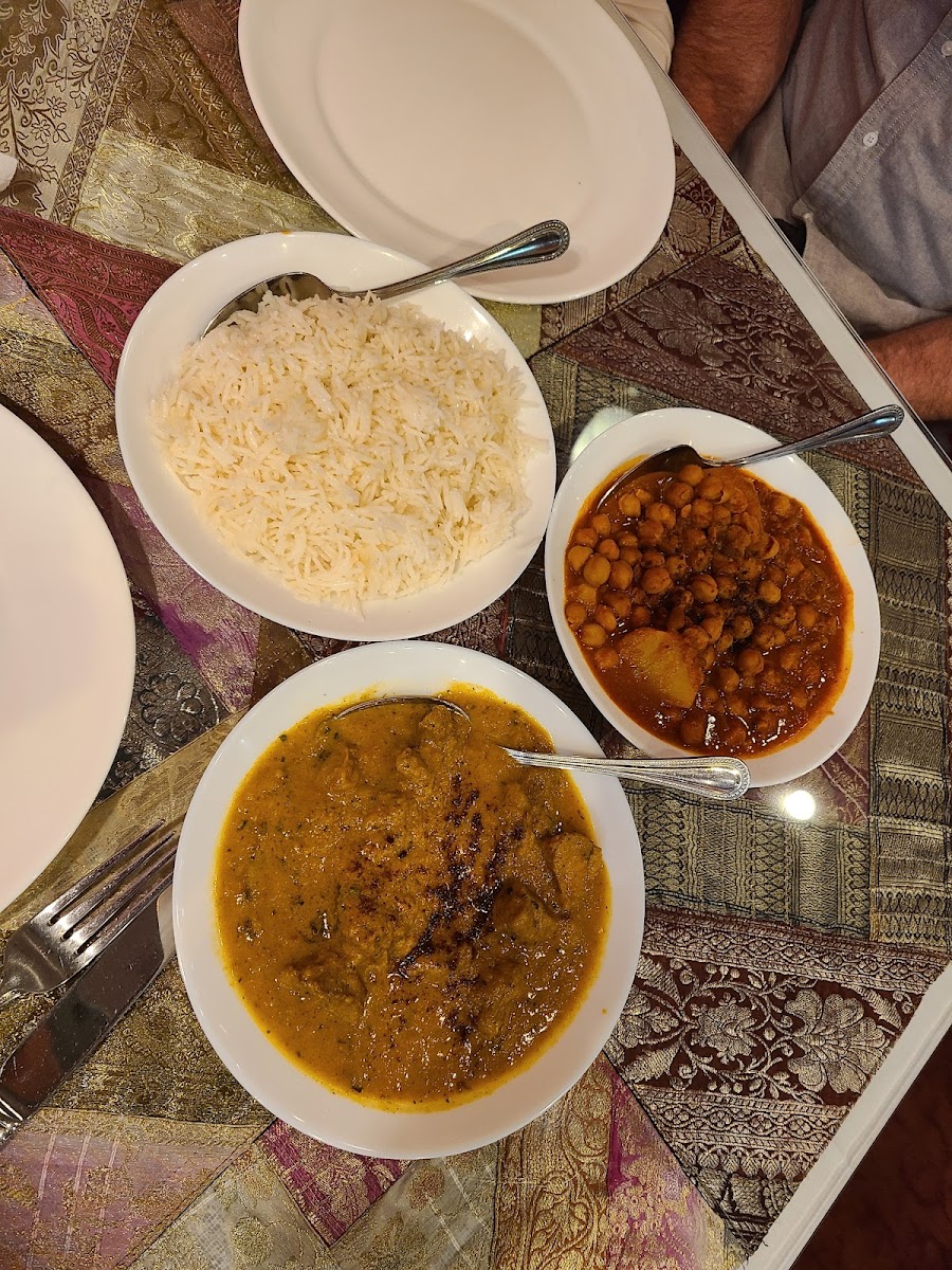 Lamb korma, chickpea dish, basmati rice