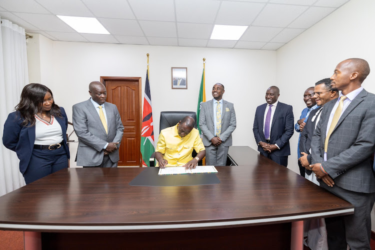 President William Ruto with Deputy Rigathi Gachagua and UDA party top leadership at Hustlers Centre, Nairobi, on April 2, 2024.