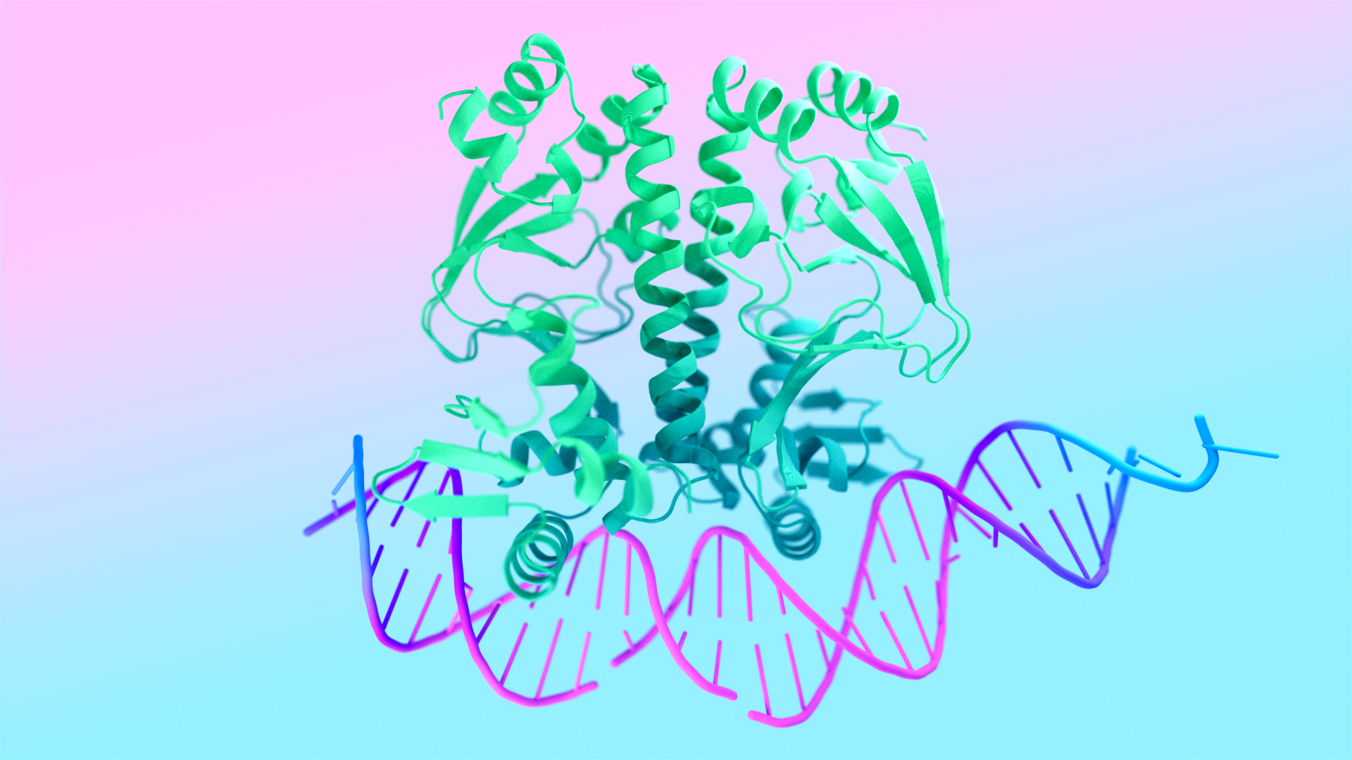 Colorful protein structure against an abstract gradient background.