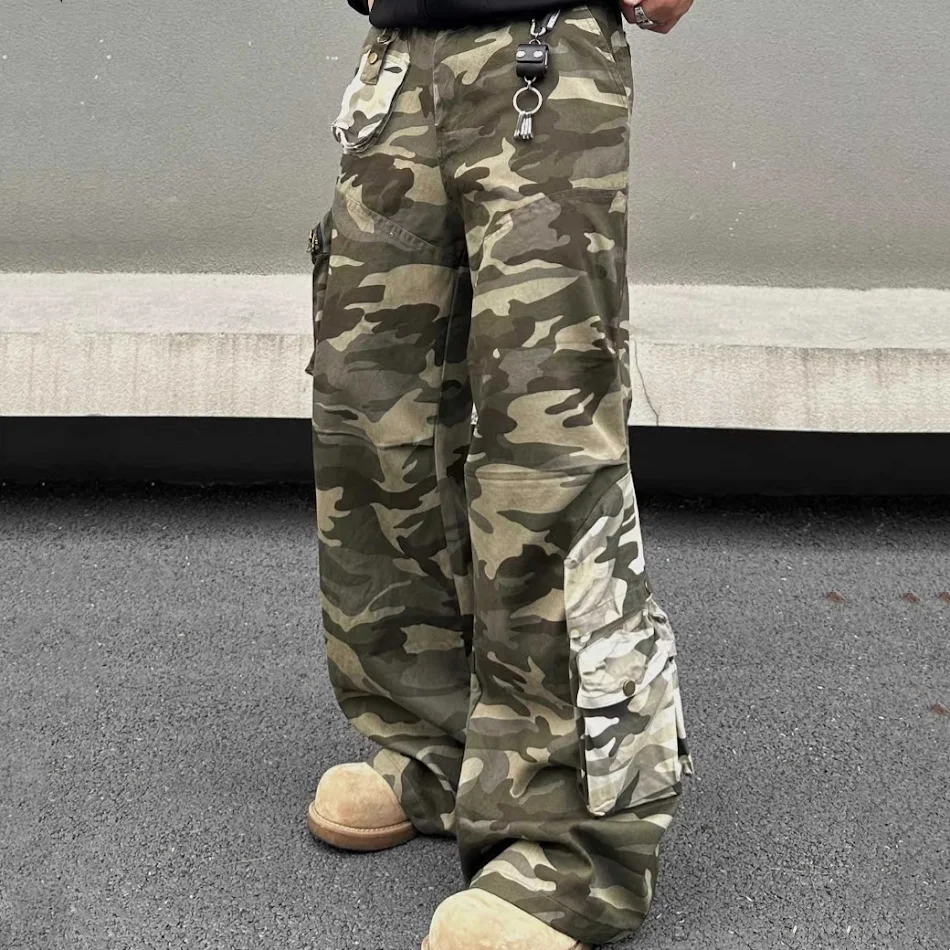 Men's Stitched Camouflage Overalls Retro Straight Casual Pants. Comfortable and stylish pants perfect for everyday wear.