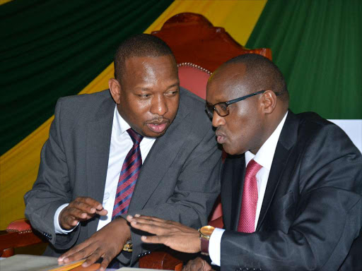 Nairobi Governor Mike Sonko with acting county secretary Leboo Morintat during the swearing in of executives on November 10, 2017