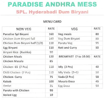 Paradise Andhra Mess menu 