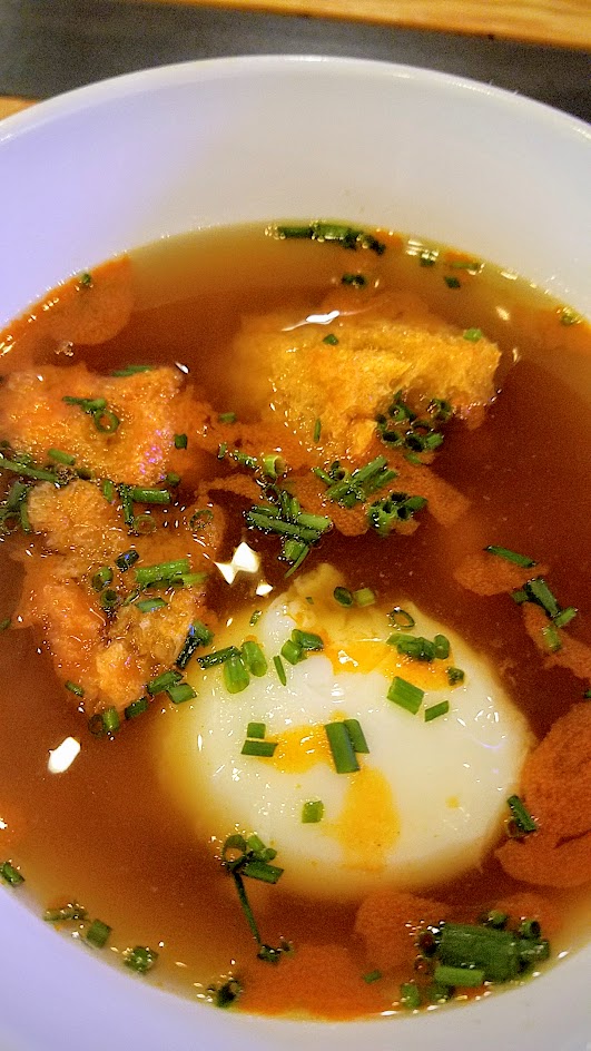 Pollo Bravo brunch at Pine Street Market option of Sopa de Ajo (Garlic Soup) with Poached Egg