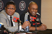 Former Minister of Sport and Recreation, Fikile Mbalula  and Floyd Mbele during the Orlando Pirates dual press conference for Orange CAF Champions League semi final and Telkom Knockout quater final at OR Tambo International Airport, Media Room on October 21, 2013 in Johannesburg, South Africa. 