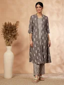 Grey Printed A-Line Kurta Set