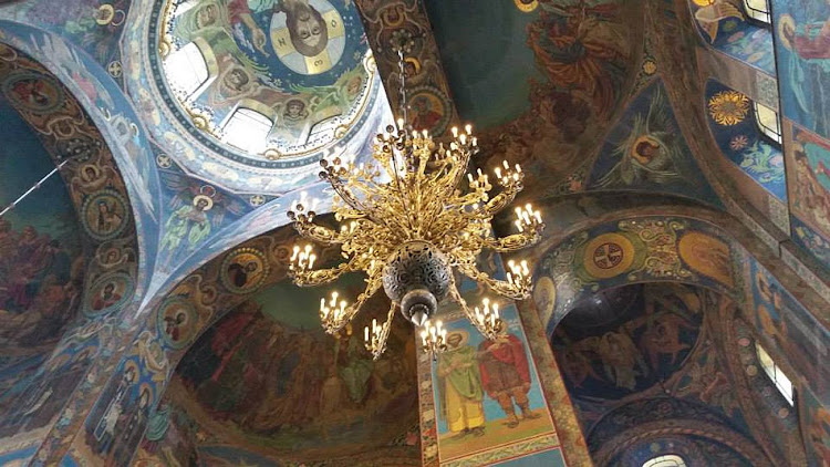 A ceiling detail from Peterhof Palace in St. Petersburg, Russia. 