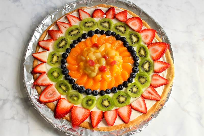 Fruit Pizza Ready To Be Sliced.