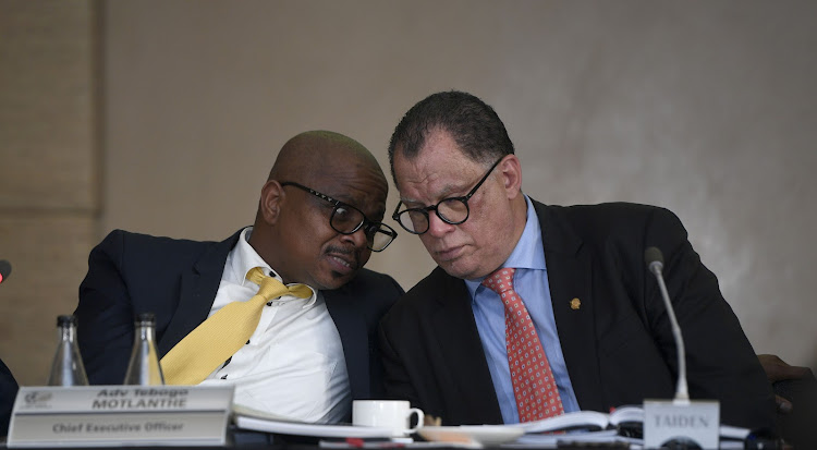 Safa CEO Adv Tebogo Motlanthe (left) and president Dr Danny Jordaan during the Safa press conference in Johannesburg on 24 June 2022.