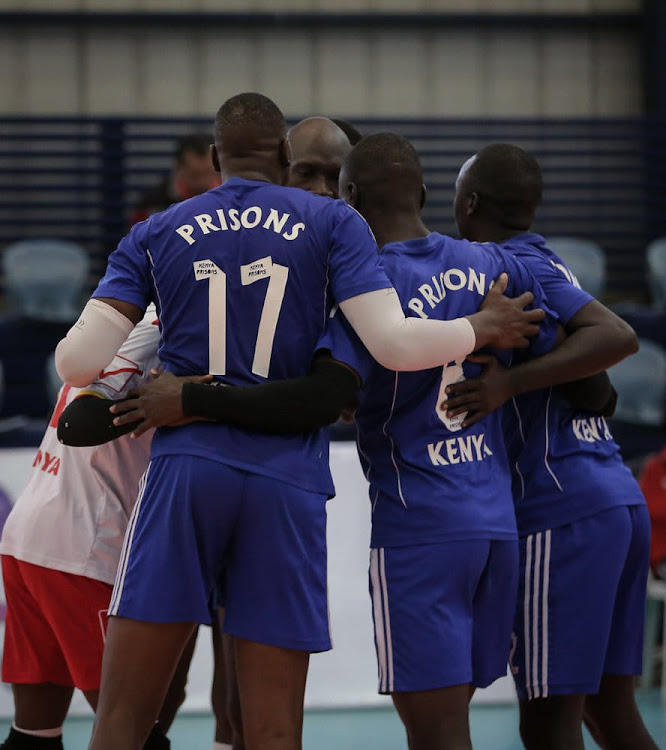 Prisons' men's volleyball team players celebrate in previous match at the African Club Championship in Egypt