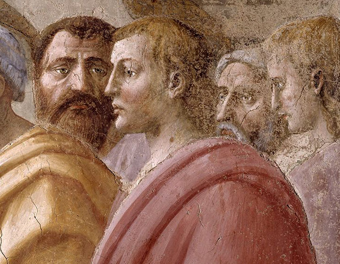 Masaccio, La Distribuzione delle elemosine e la morte di Anania (particolare San Giovanni, raffigurati come un giovane biondo), affresco nella Cappella Brancacci, Santa Maria del Carmine, Firenze