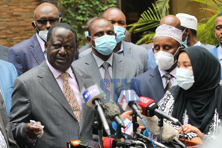 Former Prime Minister Raila Odinga when he addressed the media with governors and legislators from pastoralist communities after a meeting on BBI at a Nairobi Hotel on November 9, 2020.