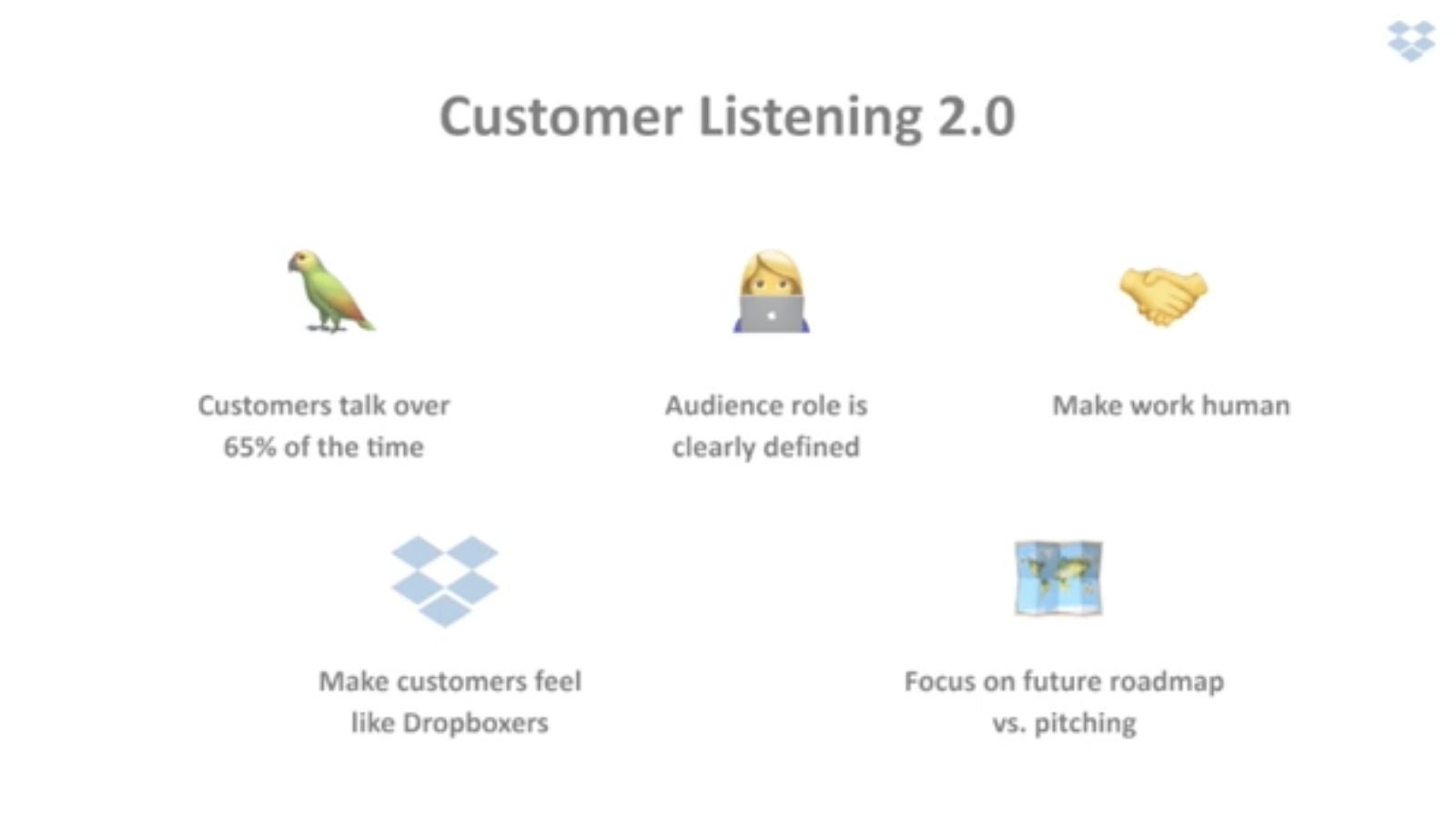 Customer listening 2.0 - customers talk over 65% of the time, audience role is clearly defined, make work human, make customers feel like Dropboxers, and focus on future roadmap vs pitching. 