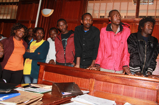 Kabete MP George Muchai murder suspects Margaret Njeri, Jane Wanjiku Kimani alias Chiro, Erick Muyera Isabwa alias chairman, Raphael Kimani Gachie alia Butcher, Mustafa Kimani Anyonyi alias Musto, Stephen Astiva Lipopo alias Chokore and Simon Wambugu Gichamba at Milimani law courts