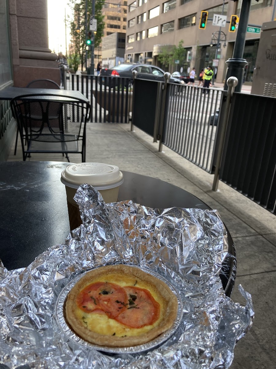 Tomato basil goat cheese quiche and outside patio