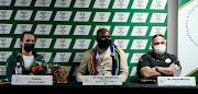 Olympics gold medallist Tatjana Schoenmaker with sports minister Nathi Mthethwa and her coach Rocco Meiring on August 2 2021 at OR Tambo International Airport.