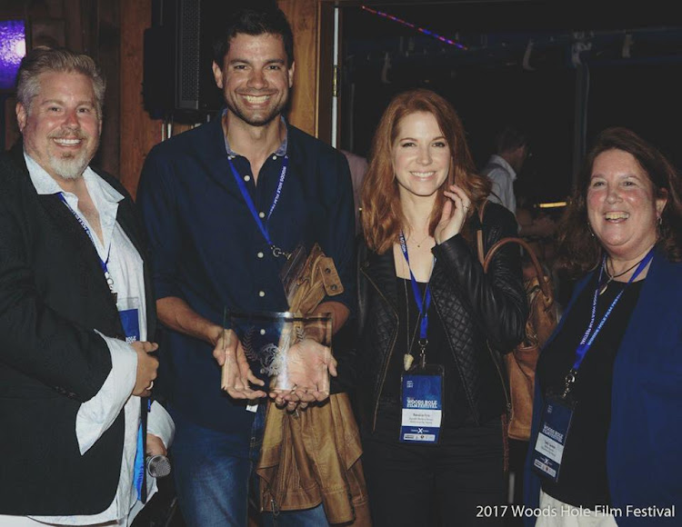 Some of the cast members of Jagveld posing with the Best dramatic feature award which they won at the 2017 Woods Hole Film Festival