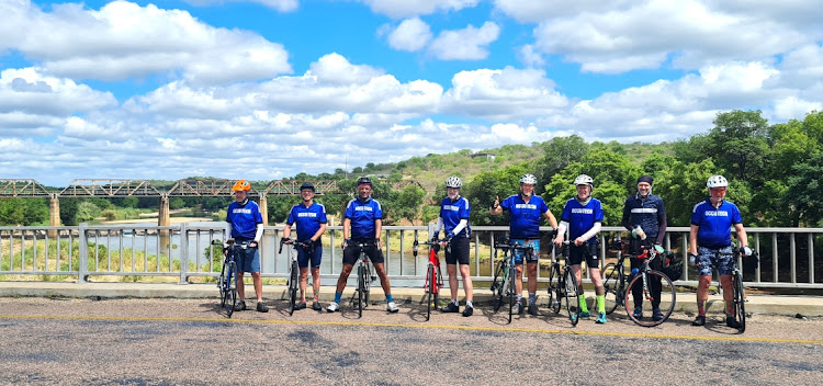 Grandads Army stalwarts on the 2023 Eyabantwana Heritage Ride reach the sunny banks of the Oliphants River on Thursday. They are from left Stephen Keet, William Hirst, road captain Randall Leendertz, Prof Colin Lazarus, Gerald Berlyn, James Armstrong, Dr John-Michael Lazarus, and Brian Katz.