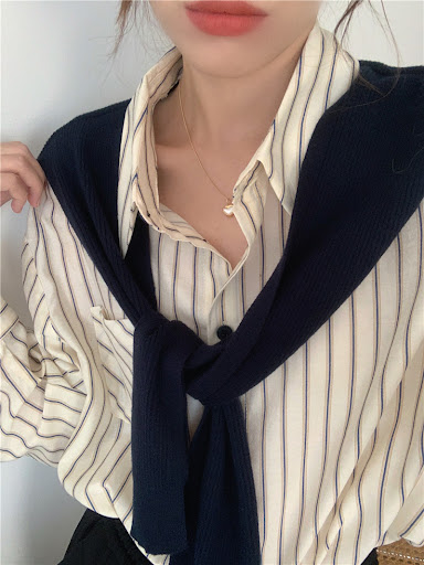 Title 4, False Two-piece Shawl Design Long Sleeve Stripe...