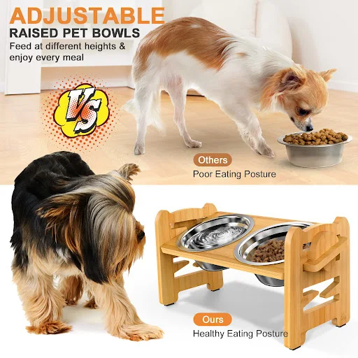 Elevated Stainless Dog Bowls with Bamboo Stand Tilted Adjustable Raised Puppy Cat Food Water Bowls Holder Pet Feeder Acc