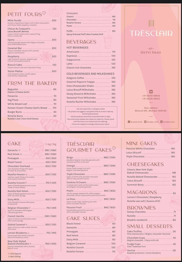 Tresclair menu 