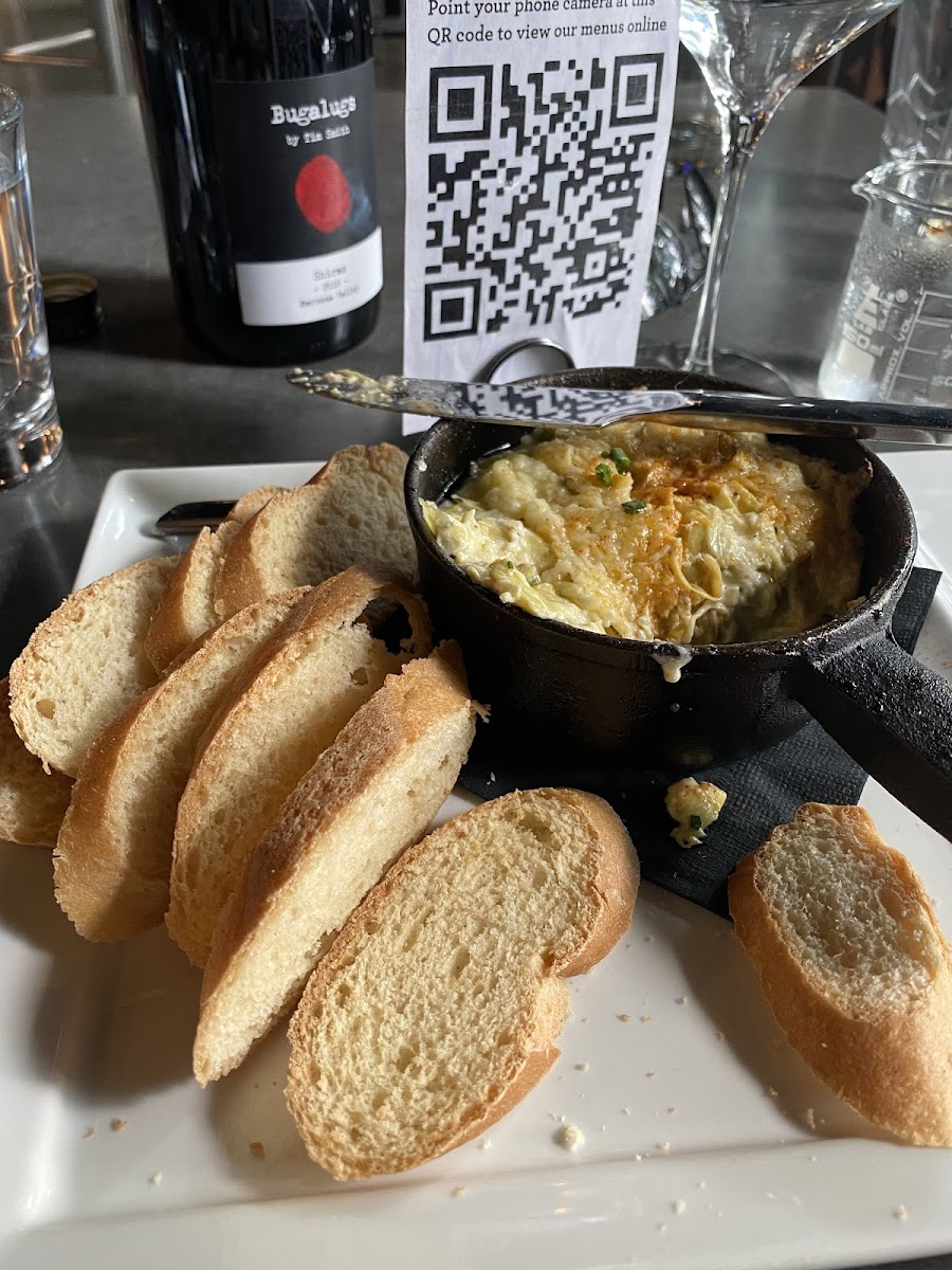 Seriously.  Gluten free green chili artichoke dip with a gluten free baguette.   Heaven.