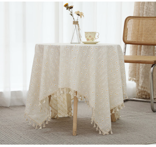 Title 3, Cotton Linen Embroidery Daisy Tablecloth with M...