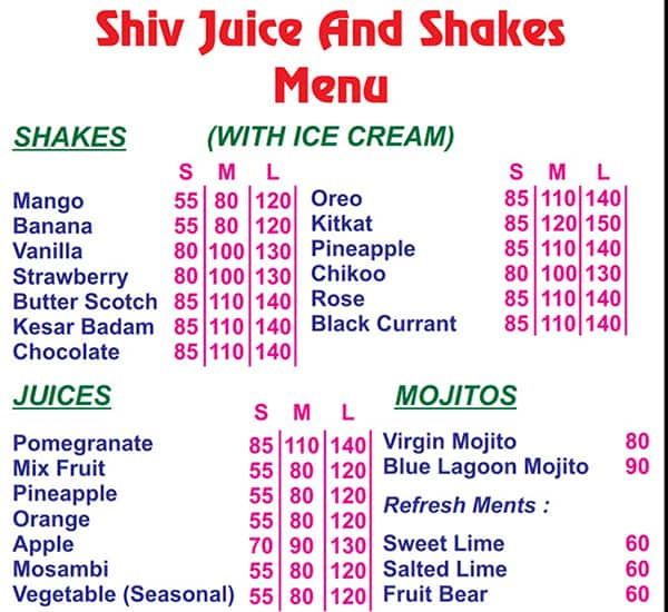 Shiv Juice and Shakes menu 