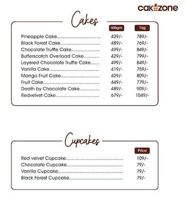 CakeZone menu 