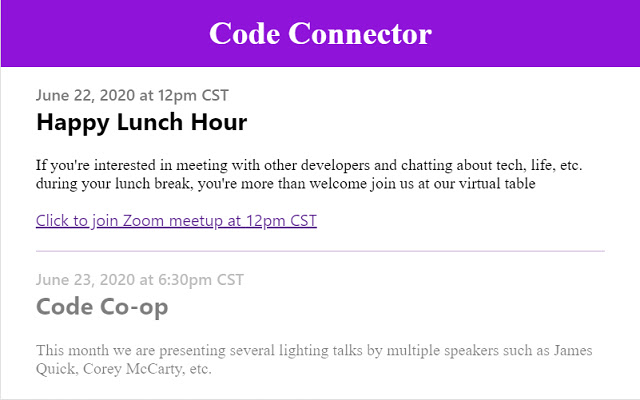 Code Connector Meetups Calendar