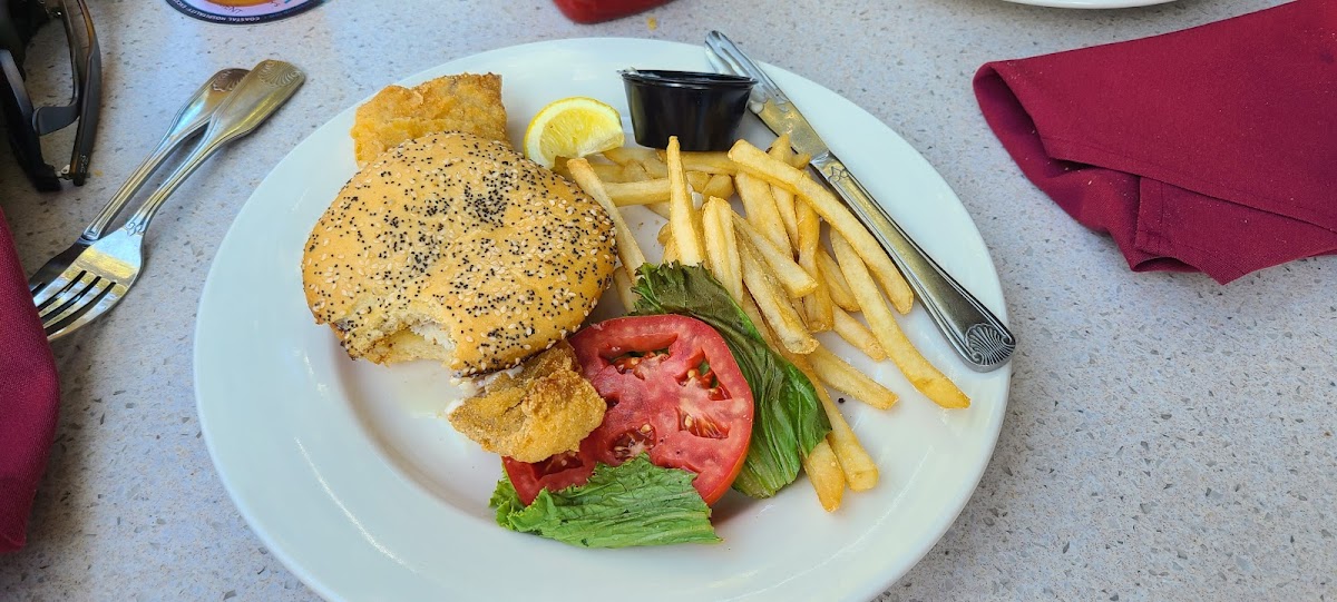 Fried flounder sandwhich on GF bun