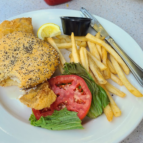 Fried flounder sandwhich on GF bun