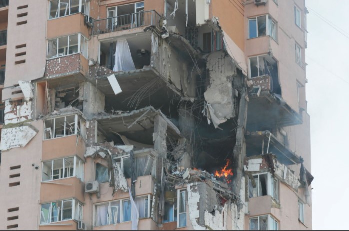 A view shows an apartment building damaged by recent shelling in Kyiv, Ukraine February 26, 2022.