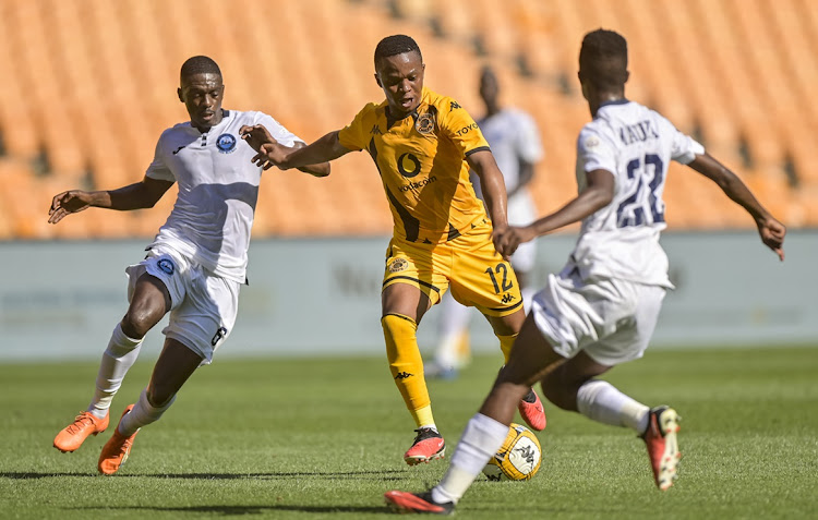 Nkosingiphile Ngcobo of Kaizer Chiefs shoots to score their winner in their DStv Premiership match against Richards Bay FC at FNB Stadium on Saturday.