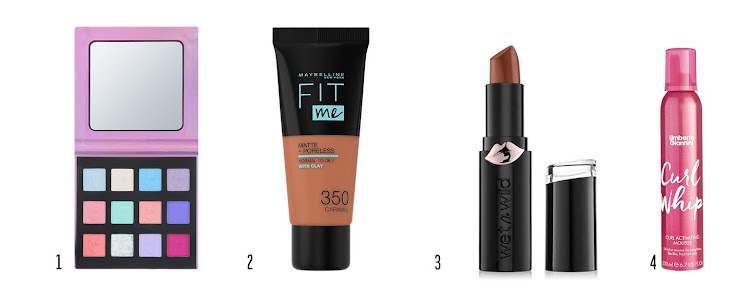 1. Playgirl Beauty Sultry Pastels Eyeshadow Palette, R139.95 2. Maybelline Fit-Me Matte + Poreless Foundation in Caramel, R134.95 3. Wet n Wild Lipstick in Mochalicious R99.99 4. Umberto Giannini Curl Whip Curl Activating Mousse 200ml, R150