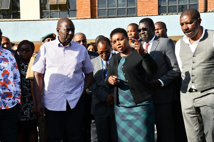 President William Ruto and Health CS Susan Wafula during the tour at mother and baby wing under construction at the Nakuru Level 5 hospital on February 14, 2023