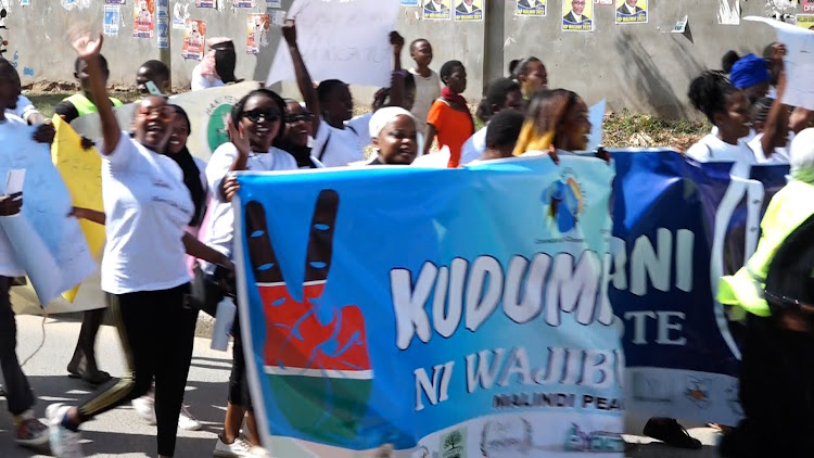 Civil Rights Organisations in Malindi take part in a peace walk to sensitize residents against being used to cause violence during the elections